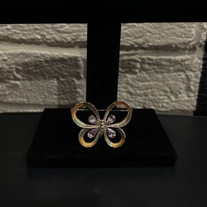Elegant Pink Gem Silvertone Butterfly Brooch